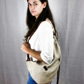 Sacca UPCYCLING Puro Lino con Lacci in pelle color cuoio NivesCoseBelle